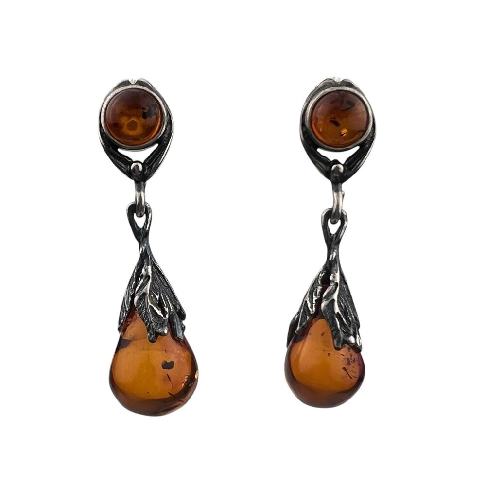 Amber Drop Sterling Silver Pierced Earrings Vintage
